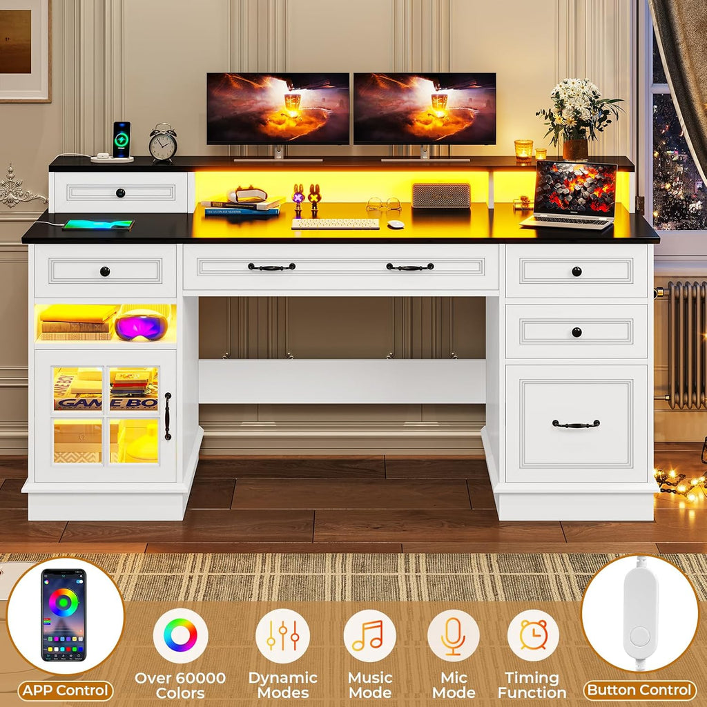 Executive Desk with Drawers, Storage Cabinet & Charging Station, White E513