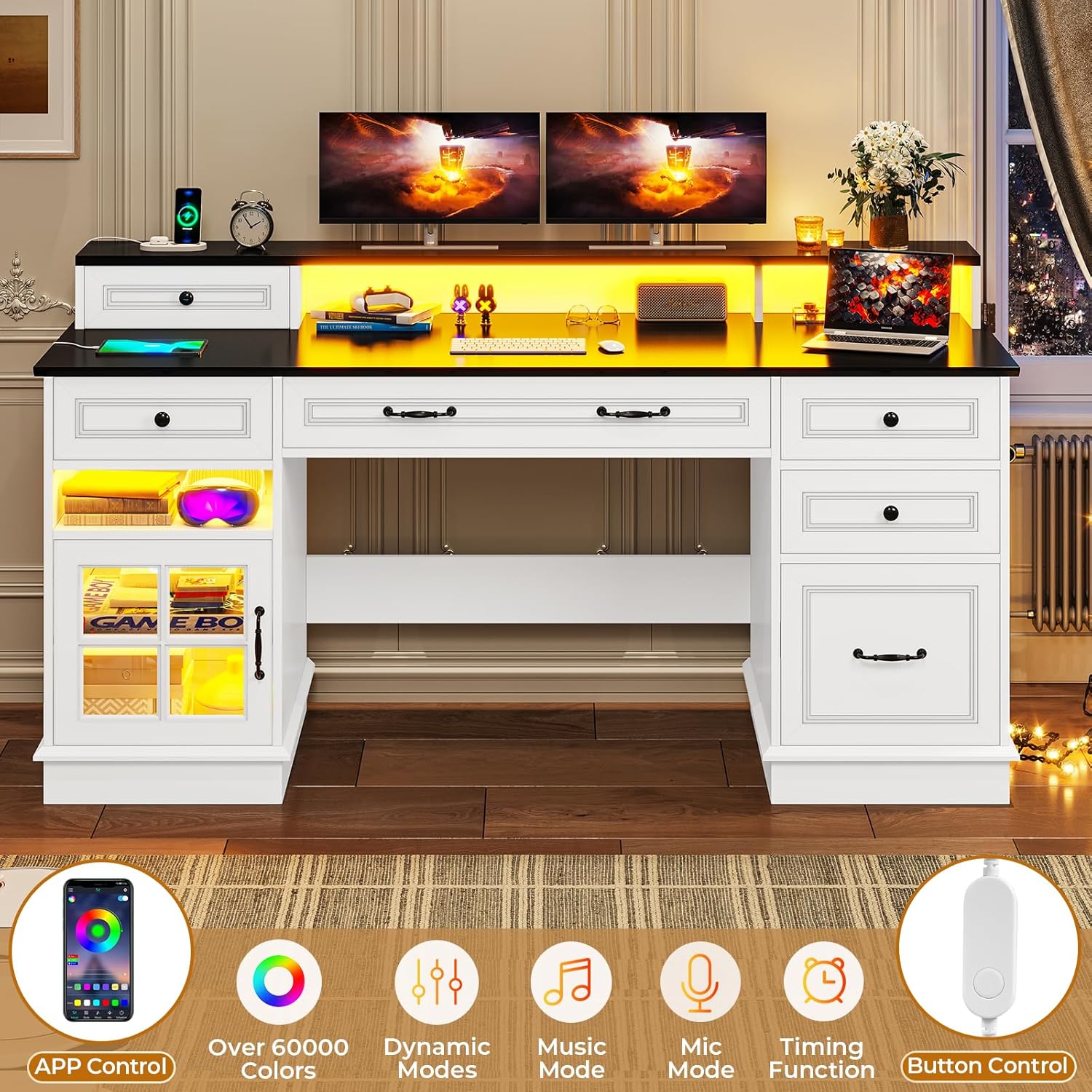 Executive Desk with Drawers, Storage Cabinet & Charging Station, White E513