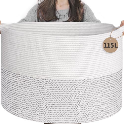 INDRESSME Large Cotton Rope Storage Basket with Handles, 90L Grey R37552