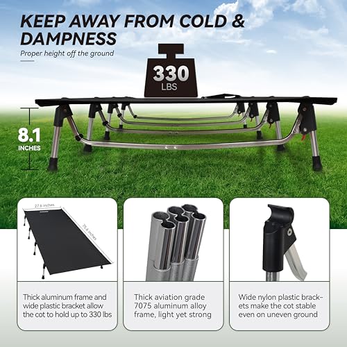 MARCHWAY Lightweight Folding Tent Camping Cot Bed with Lever Lock, Portable, 330Lbs (Black) R945221
