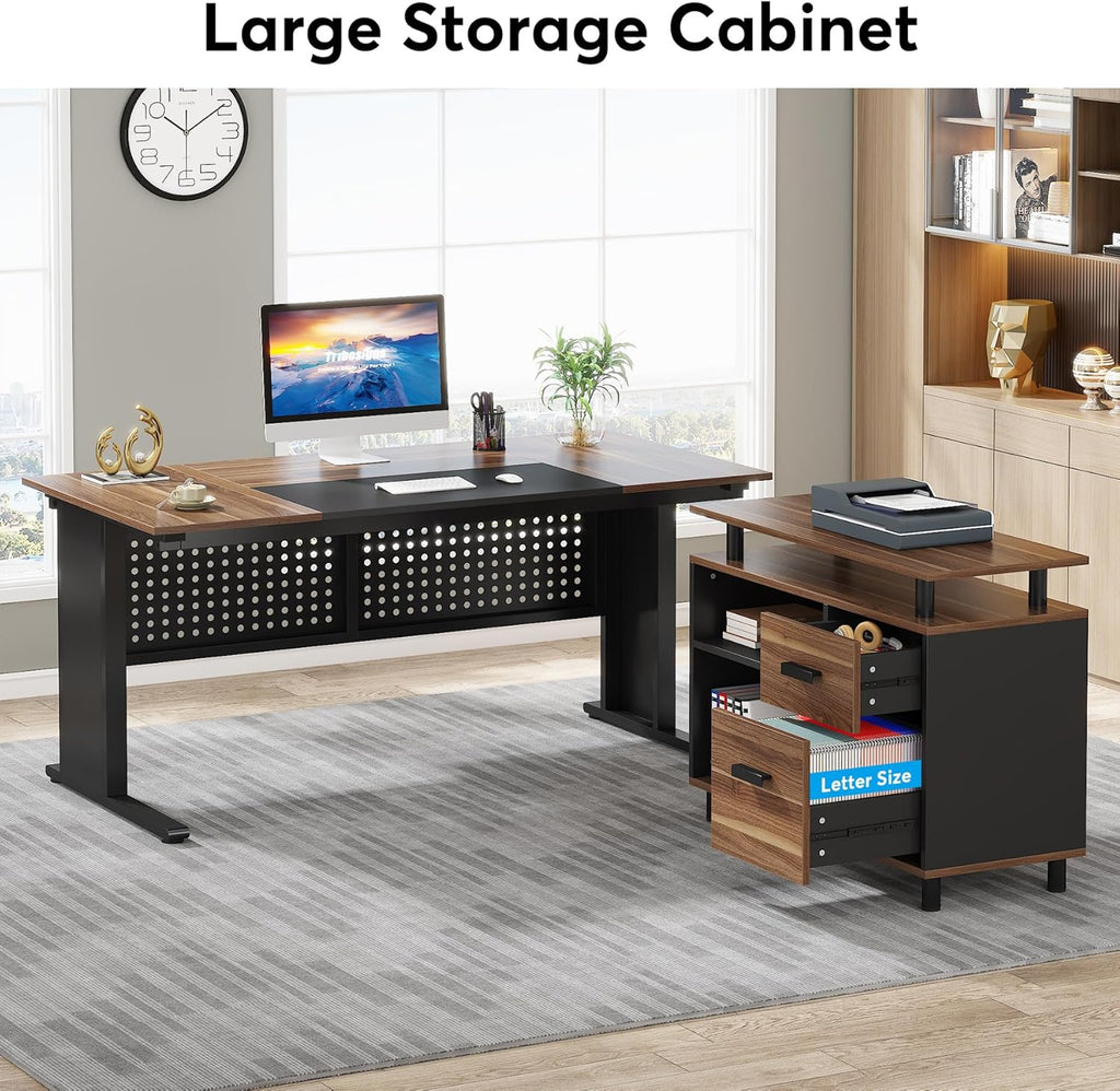 63 Inch L Shaped Executive Computer Desk with File Cabinet, Brown and Black G986925