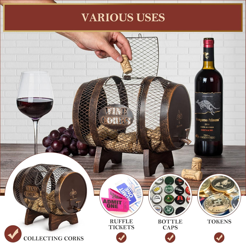 Rustic Metal Barrel Wine Cork Holder with Wooden Stand Z81334