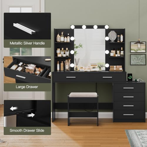 Quimoo Large Vanity Desk with LED Mirror & Power Outlet, White L335