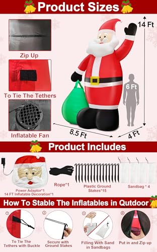 14 Ft Giant Christmas Inflatable Santa Claus with Gift Bag Outdoor Decor P199