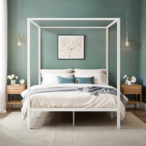 HOOMIC Canopy Bed Frame, Enhanced 4-Poster, 3-Metal Crossbar, No Box Spring Needed, Easy Assembly, Full Size, White