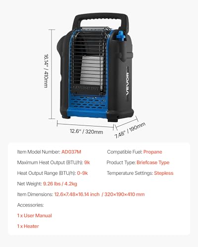 VEVOR Propane Heater, 9000BTU Forced Radiant Space Heater with Tip-over Protection X36202