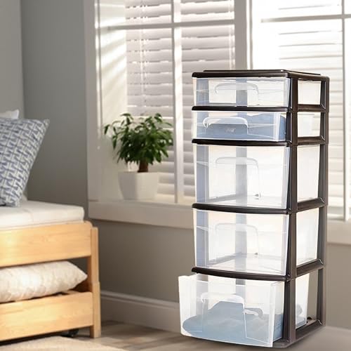 HOMZ Drawer Tower 5-Tier Clear Plastic Storage Organizer Black Frame V824
