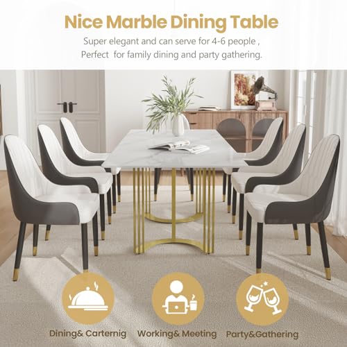 Modern Rectangle Marble Dining Table 63" White with Gold Trestle Pedestal J573458
