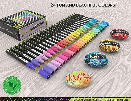 24 Neon Acrylic Paint Pens Set 0.7mm Extra Fine Tip for Rock, Glass, Wood & Canvas P956