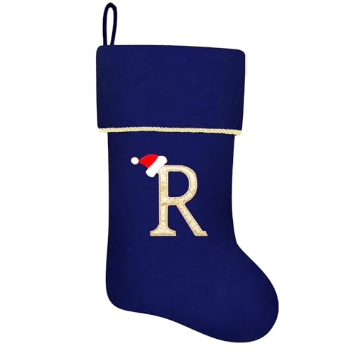 20 Inches Initial Monogram Blue Velvet Christmas Stocking with Gold Trim U394