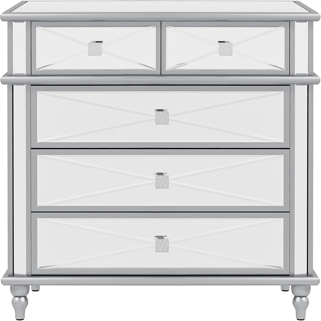 DWVO Silver Mirrored 5 Drawer Dresser for Bedroom with Wood Legs N450767