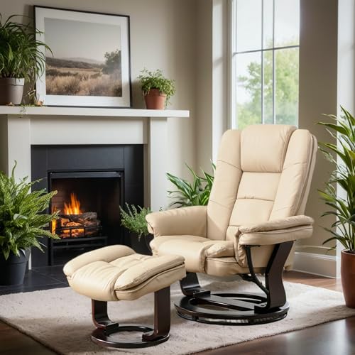 Beige Leather Swivel Recliner Chair with Ottoman R54220