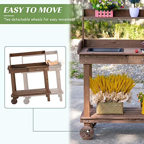 Outsunny 36" Wooden Potting Bench Work Table with Sink and Storage, Brown O683