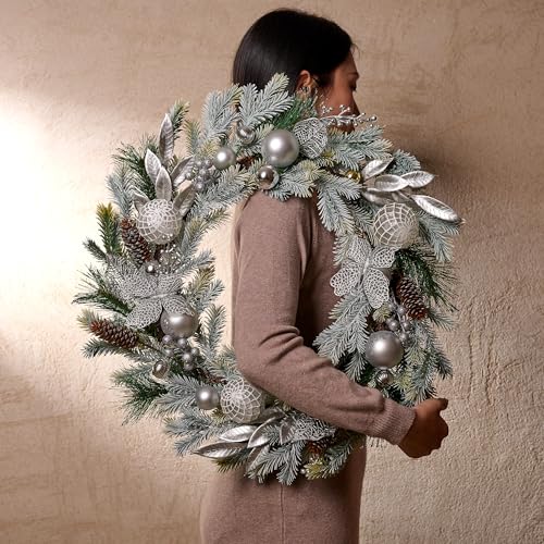 DecorbyHannah 24" Pre-Lit Pink Christmas Wreath with Ornaments Z91208