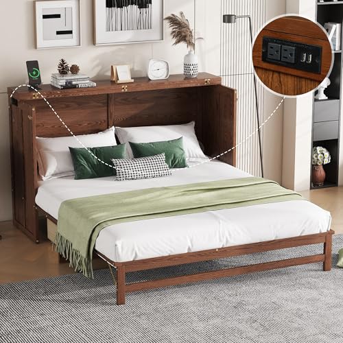 KEIKI Queen Size Murphy Bed with Charging Station and Drawer, Walnut B45816