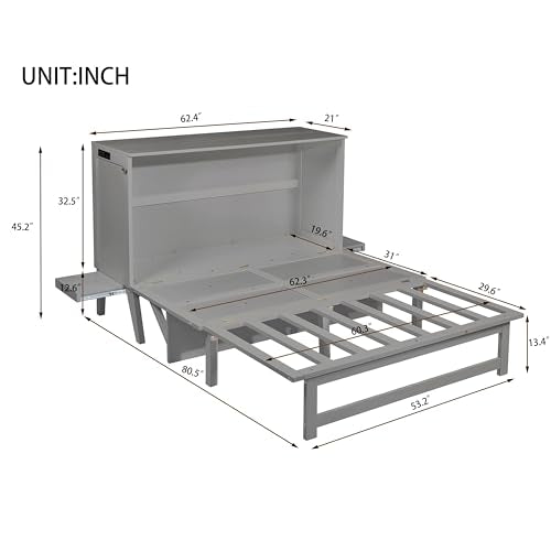 KEIKI Queen Size Murphy Bed with Charging Station and Drawer, Walnut B45816