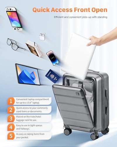 Carry On Luggage 20 Inch Hardside Suitcase with Front Pocket, TSA Lock - Grey G963846