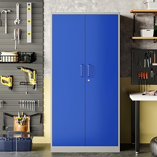 Metal Storage Cabinet with Doors and Shelves, 71" Locking Steel, White L799