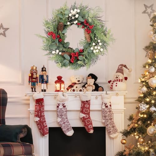 24 Inch Christmas Wreath with Red Ribbon and Pine Cones for Front Door D30392