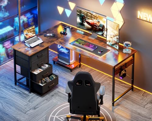 AODK L Shaped Gaming Desk with 4 Drawers, Power Outlets, Black P81263