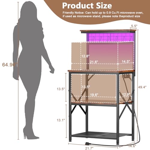 Furologee Bakers Rack with Power Outlet and LED Light, 4-Tier Microwave Stand, Rustic Brown M537