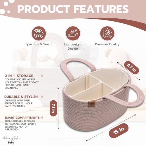 PeraBella Baby Diaper Caddy Organizer Girl, Nursery Storage Rope Basket D474
