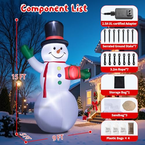Dawdix 15FT Inflatable Snowman with LED Lights for Yard Christmas Decor Z472