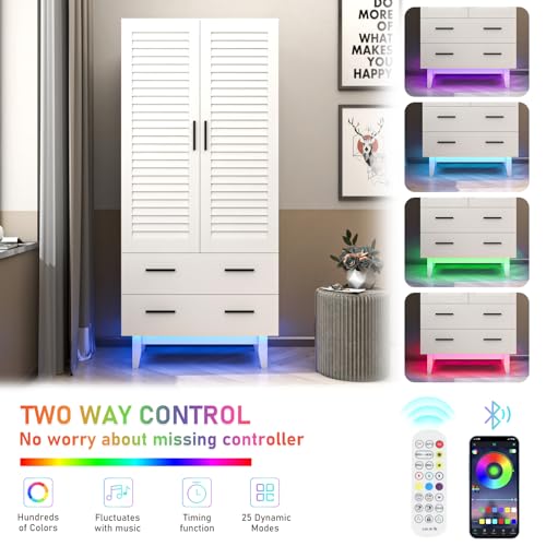 3 Door Armoire Wardrobe with Drawers and LED Lights, White S39322
