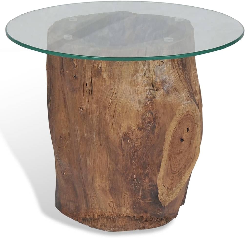 Teak Wood Stump Coffee Table with Tempered Glass Top O26377