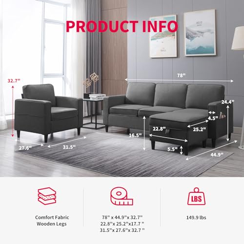 MUZZ 3PCS Linen Sofa Set with Ottoman, Dark Grey B93215