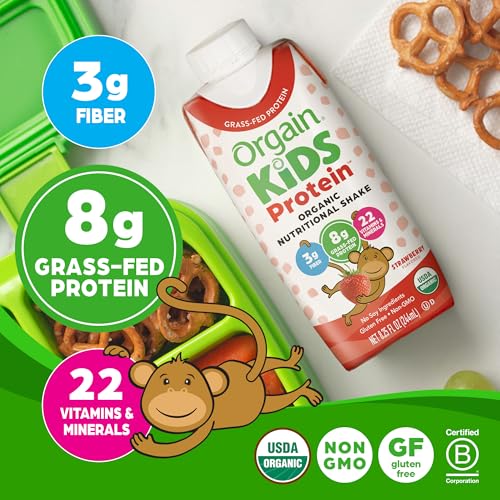 Orgain Organic Kids Protein Nutritional Shake, Chocolate, 8g Protein, 8.25 Fl Oz (Pack of 12) S5828