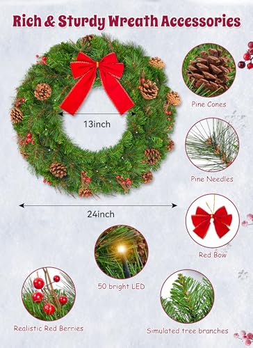 24 Inch Prelit Christmas Wreath with LED Lights for Front Door B9710