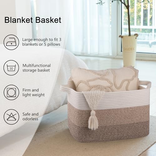 OIAHOMY Large Rectangle Woven Blanket Basket with Handle, Gradient Blue B58762