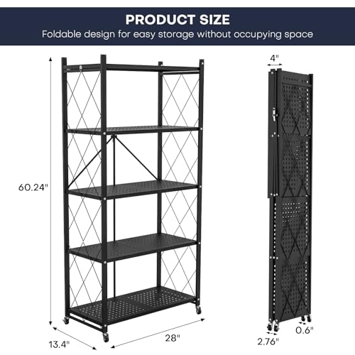 4-Tier Foldable Storage Shelf with Wheels, Metal Rolling Cart, Black J204857