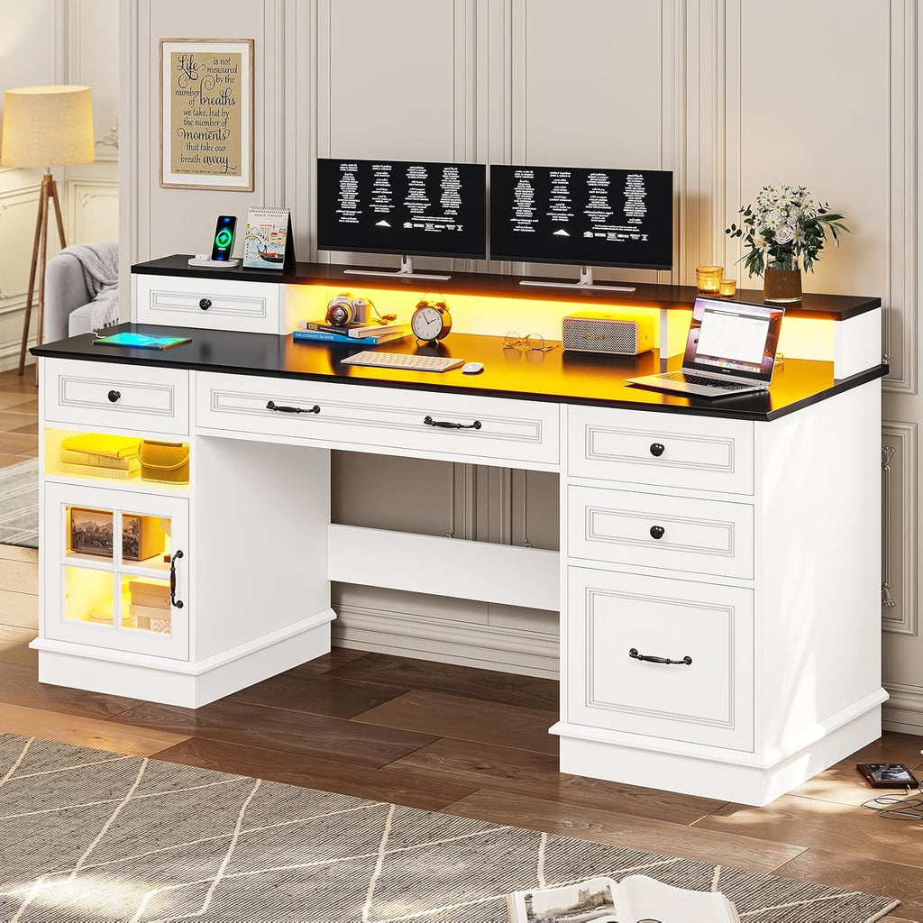 Executive Desk with Drawers, Storage Cabinet & Charging Station, White E513