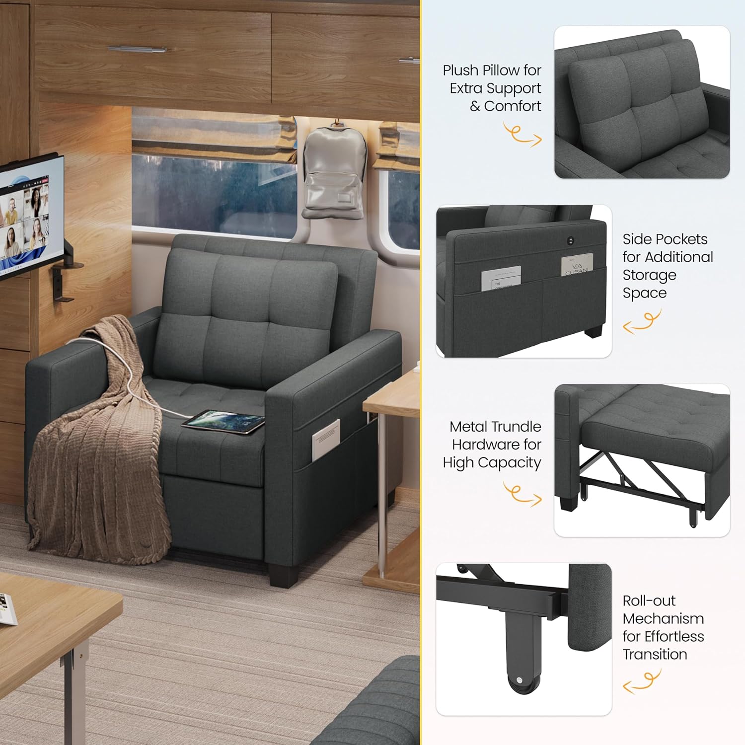 Yaheetech Convertible Chair Bed 3-in-1 Sleeper Sofa with USB Ports, Dark Gray D649285