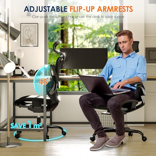 GABRYLLY Ergonomic Mesh Office Chair White Desk Chair with Flip-Up Armrest and Adjustable Headrest M402