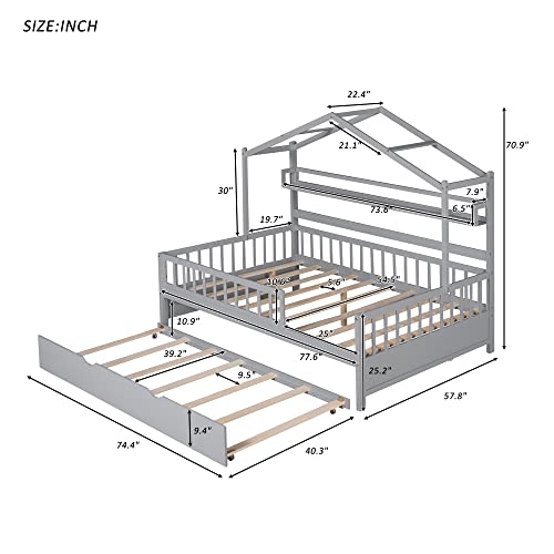 Full Size House Bed with Storage Shelf, Wooden Frame with Guardrail R174