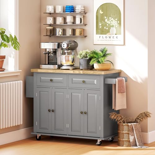 HOMCOM Kitchen Island on Wheels with Rubberwood Top, Navy Blue X7812