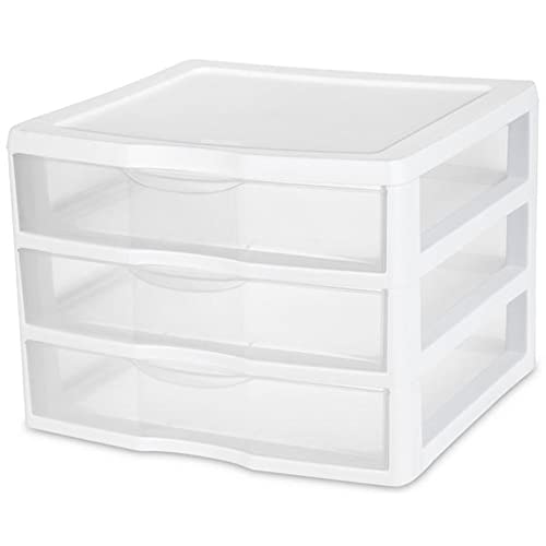Sterilite 3-Pack Wide 3 Drawer Unit, Plastic Desktop Organizer, White Frame X750
