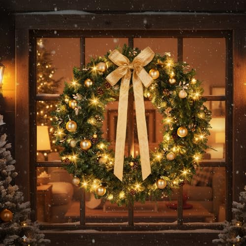 VINGLI 48 Inch Pre-lit Artificial Christmas Wreath with 150 LED Lights T885