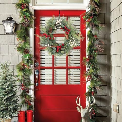 24 Inch Christmas Wreath with Red Ribbon and Pine Cones for Front Door D30392