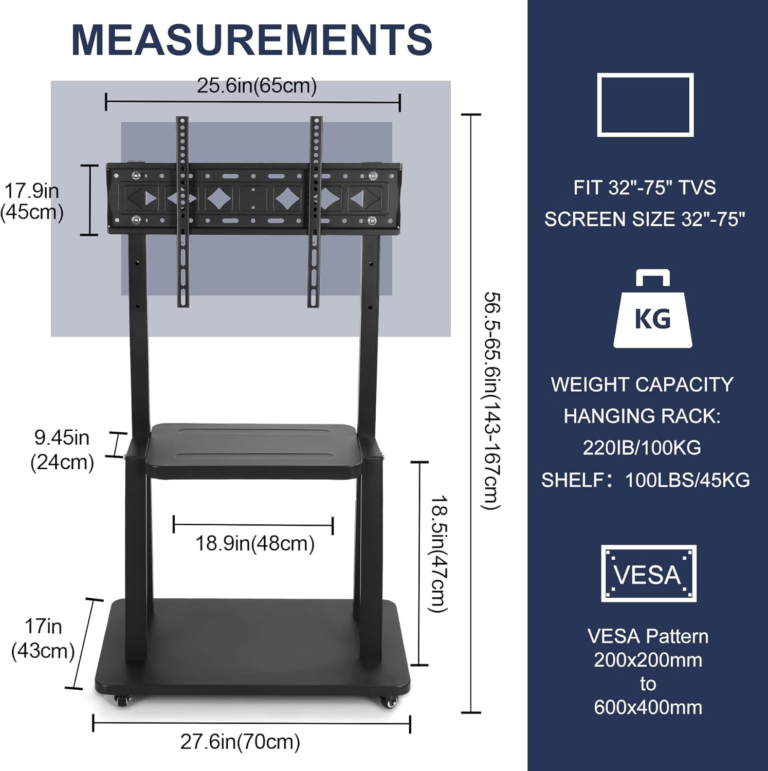 Mobile TV Cart Rolling Floor Stand for 32-75 Inch LCD LED OLED Screens E56863