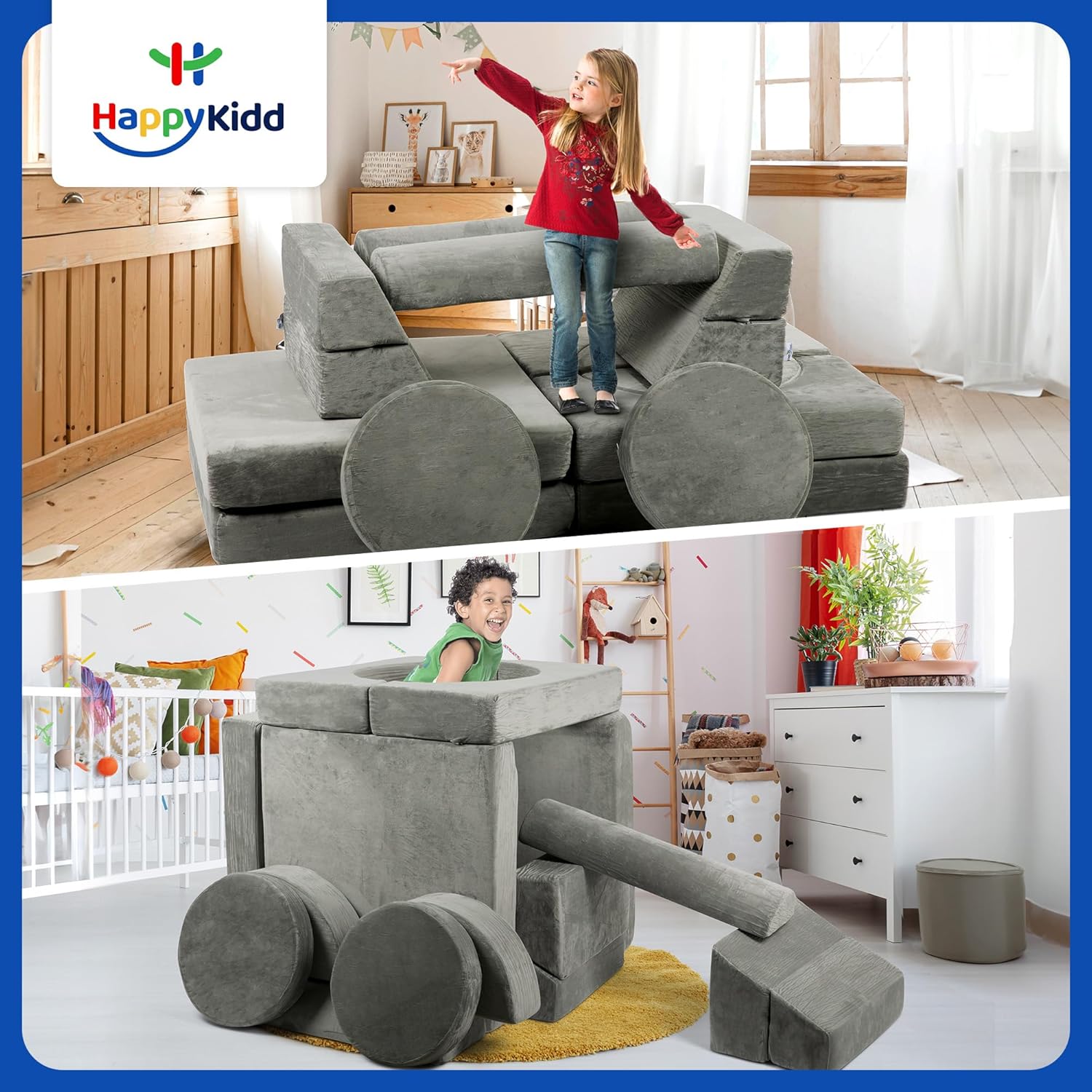Modular Kids Play Couch 15 Pieces Buildable Plush Panels with Ball Pit Square W50300