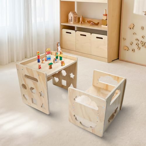 Montessori Weaning Table and Chair Set, Wooden Toddler Table with Blackboard, 3 Heights Adjustable I4858