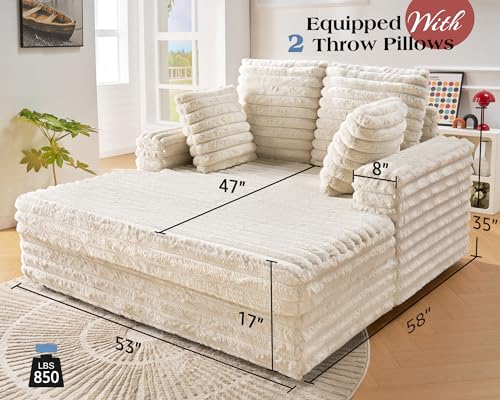 VanAcc 53 Inch Upholstered Chaise Lounge Sofa Bed with Throw Pillows, Off-White W119