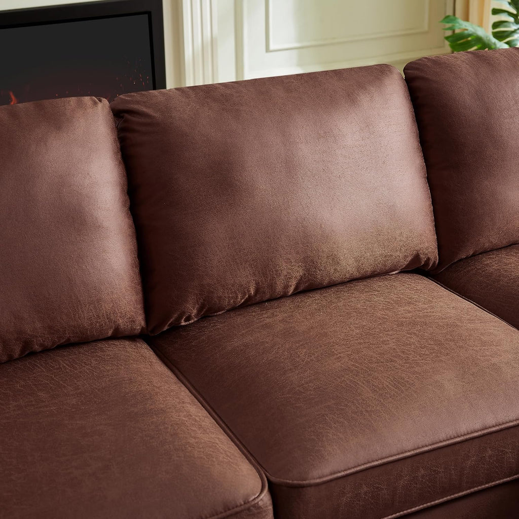 Mid Century Suede Leather Sofa with Right Chaise Lounge, 3 Seater L-Shaped Couch X618