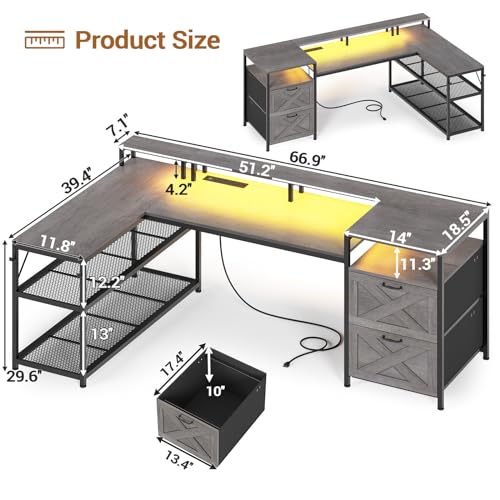 SEDETA 67" L Shaped Desk with Drawers, Power Outlet, LED Lights for Home Office H711271