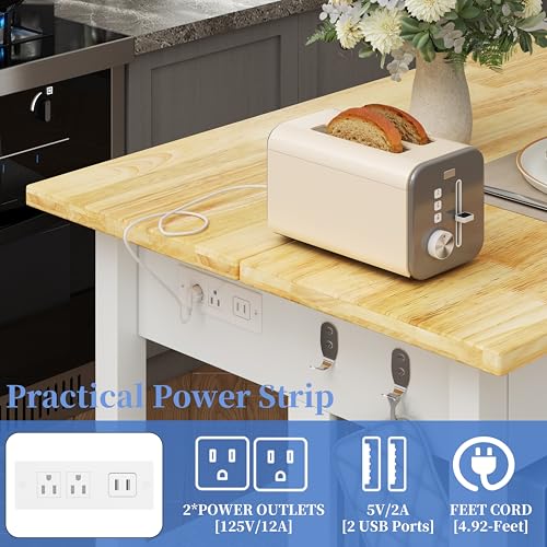 47.3" Solid Rubberwood Kitchen Island with Power Outlets, Grey E752