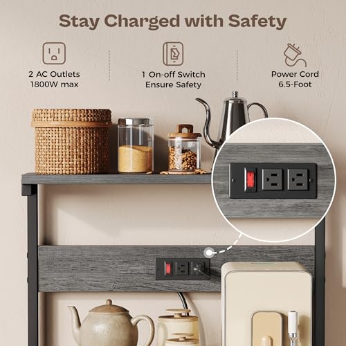 SUPERJARE Kitchen Bakers Rack with Power Outlet, Coffee Bar Table, Rustic Brown W637